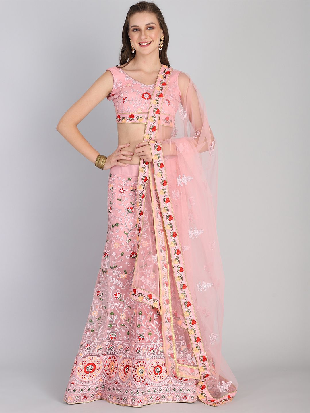 Rajesh Silk Mills Pink Embroidered Semi-Stitched Lehenga & Unstitched Blouse With Dupatta Price in India