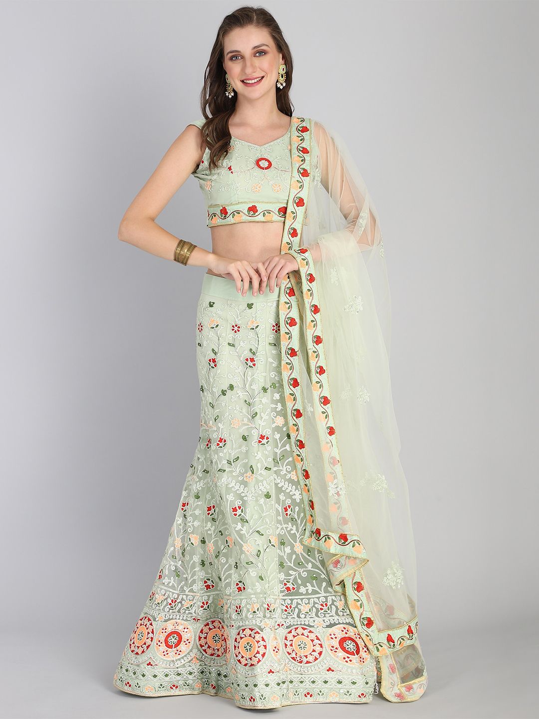 Rajesh Silk Mills Green & White Embroidered Semi-Stitched Lehenga & Unstitched Blouse With Dupatta Price in India