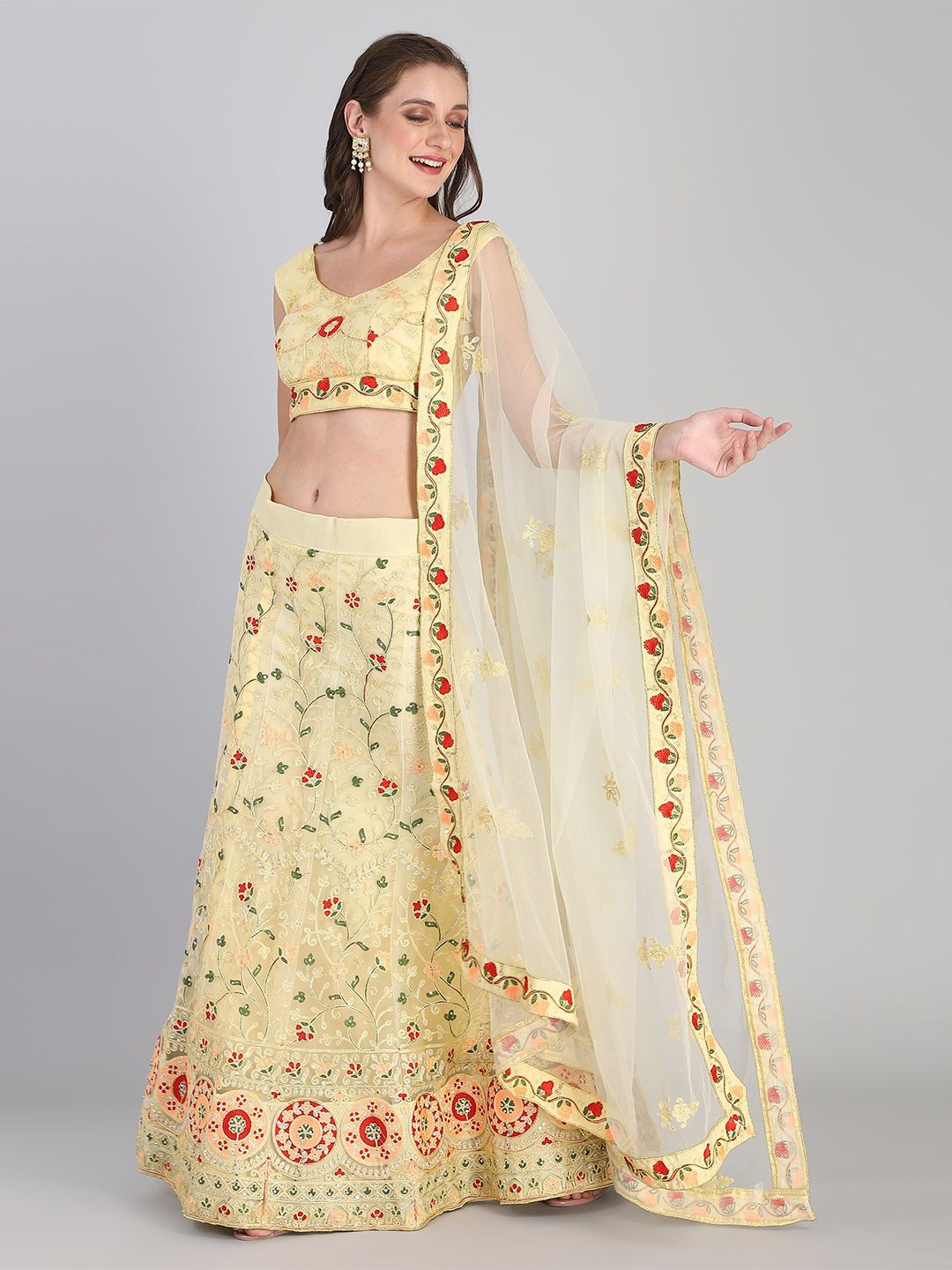 Rajesh Silk Mills Yellow & Green Embroidered Semi-Stitched Lehenga & Unstitched Blouse With Dupatta Price in India