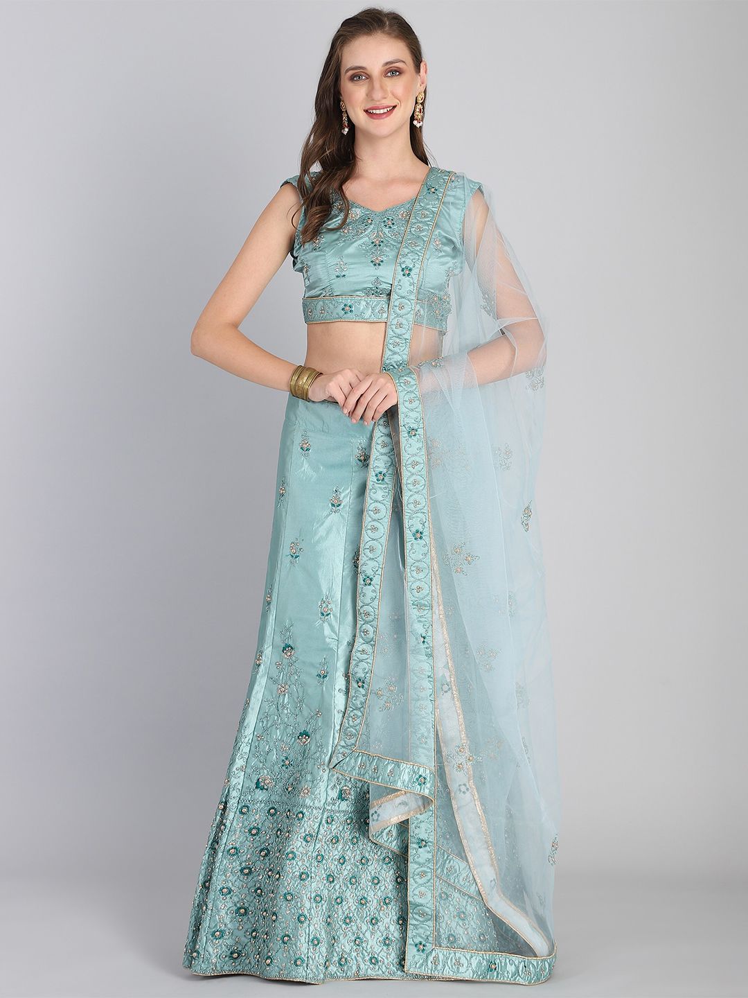 Rajesh Silk Mills Turquoise Blue Embroidered Semi-Stitched Lehenga & Unstitched Blouse With Dupatta Price in India