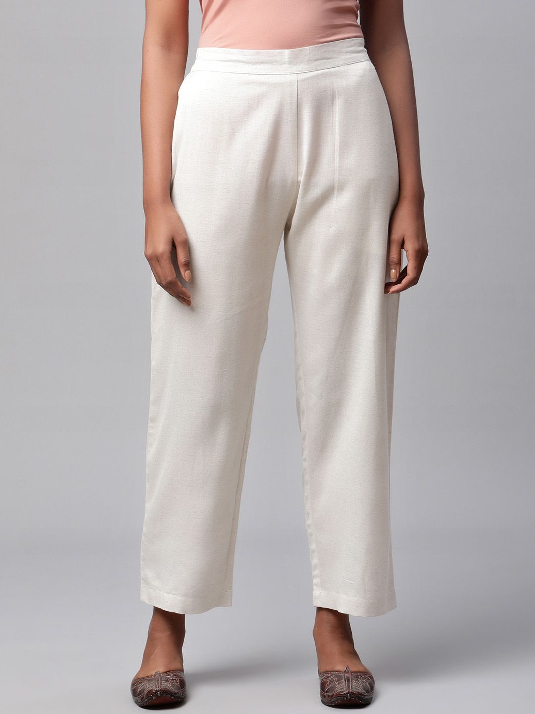 Linen Club Woman Women Off White Solid Straight-Fit Linen Lounge Pants Price in India