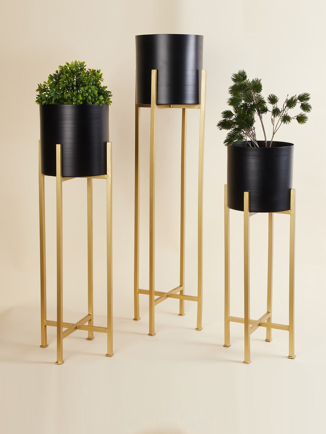 Home Centre Set of 3 Black & Gold Solid Metal Planters With Stand Price in India