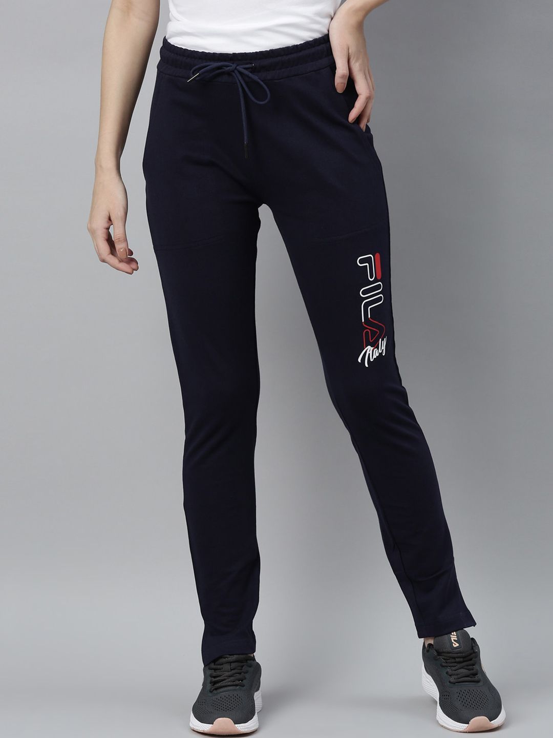 FILA Women Navy Blue Solid Cotton Track Pants Price in India