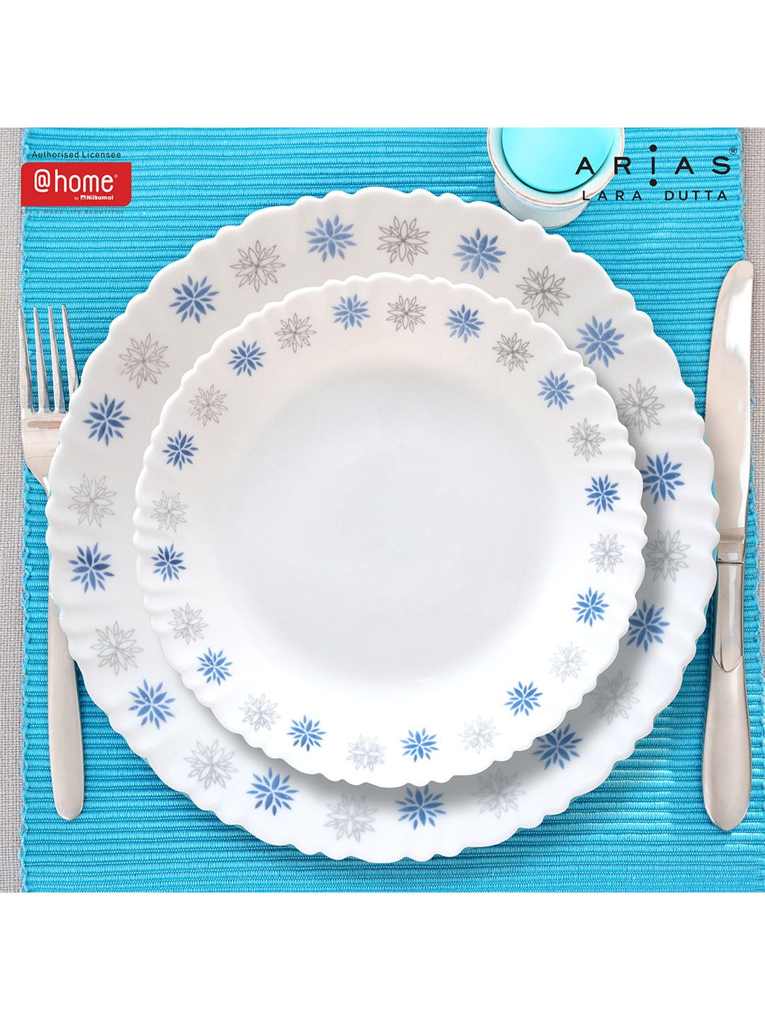 Athome by Nilkamal White & Blue 14 Pieces Stainless Steel Dinner Set Price in India