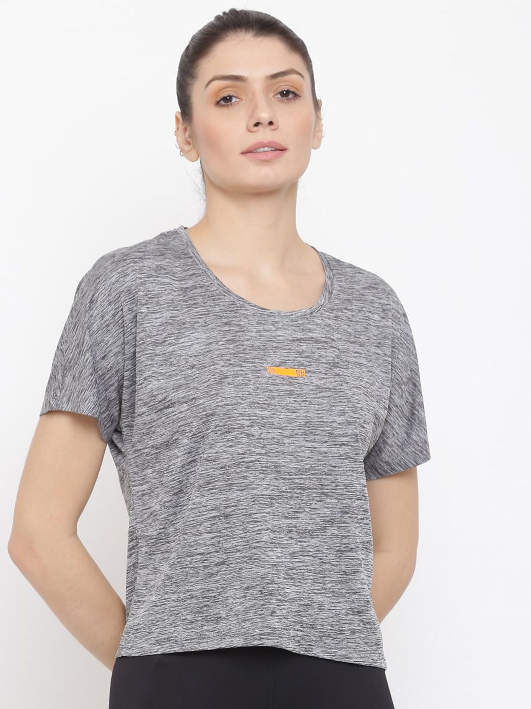 MKH Women Black & Grey Extended Sleeves Dri-FIT Applique T-shirt Price in India