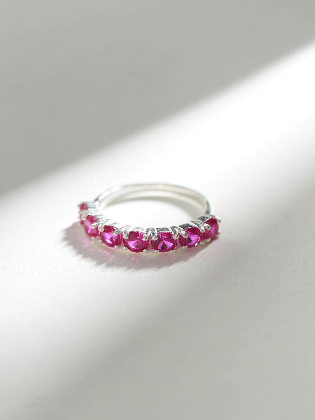 Hiara Jewels Rhodium-Plated Silver & Pink AD Studded Finger Ring Price in India