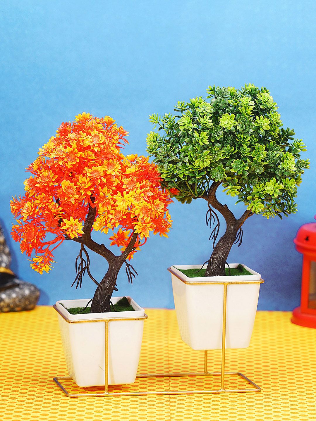 Dekorly Set of 2 Multicolored Artificial  Bonsai Plants With Pot & Metal Stand Price in India