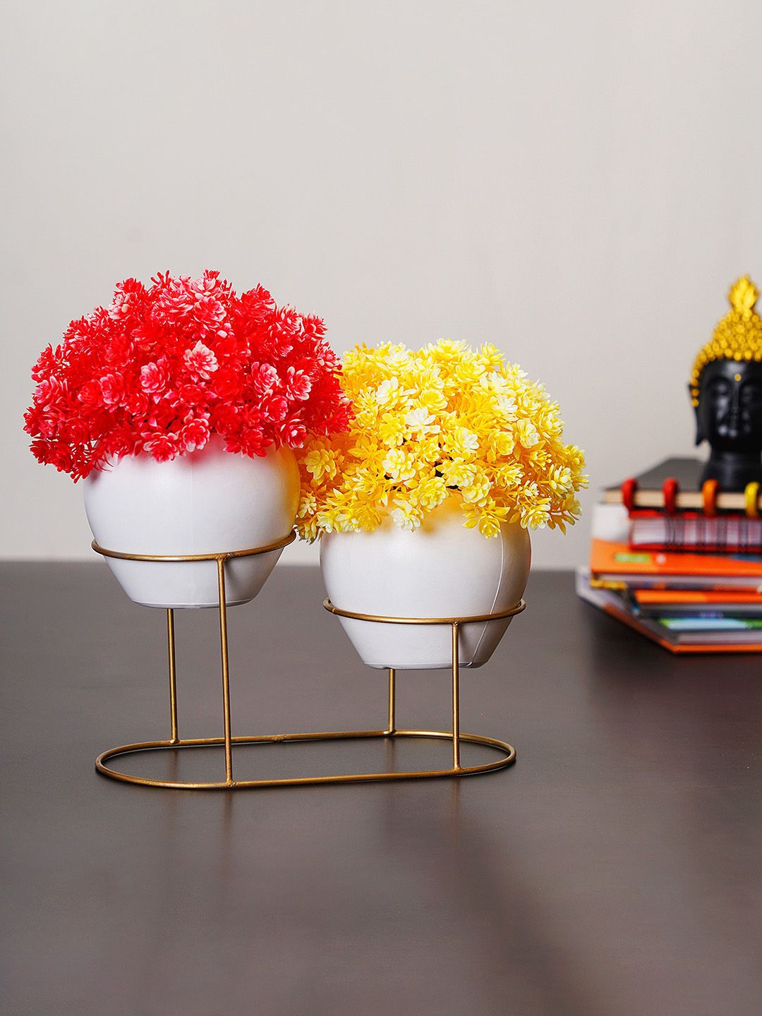 Dekorly Set of 2 Red & Yellow Solid Artificial Plants with Pot & Stand Price in India