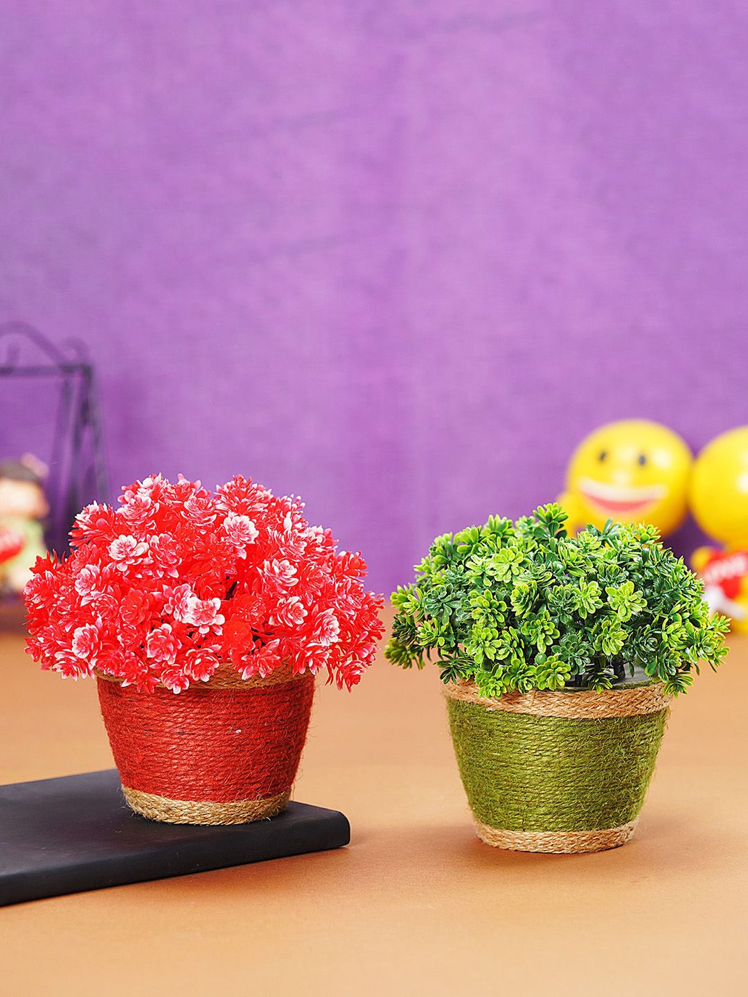 Dekorly Set of 2 Red & Green Artificial Plants with Jute Pot Price in India