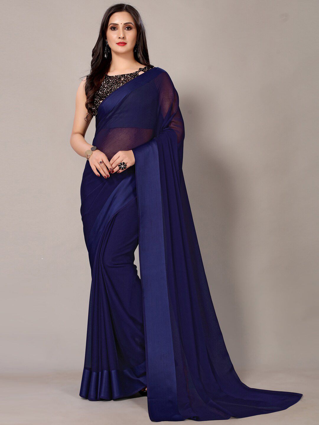 HRITIKA Navy Blue Sequinned Saree