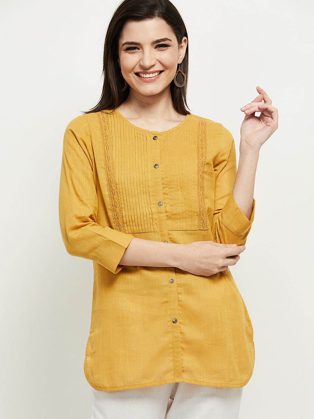 max Yellow Embroidered Thread Work Tunic Price in India