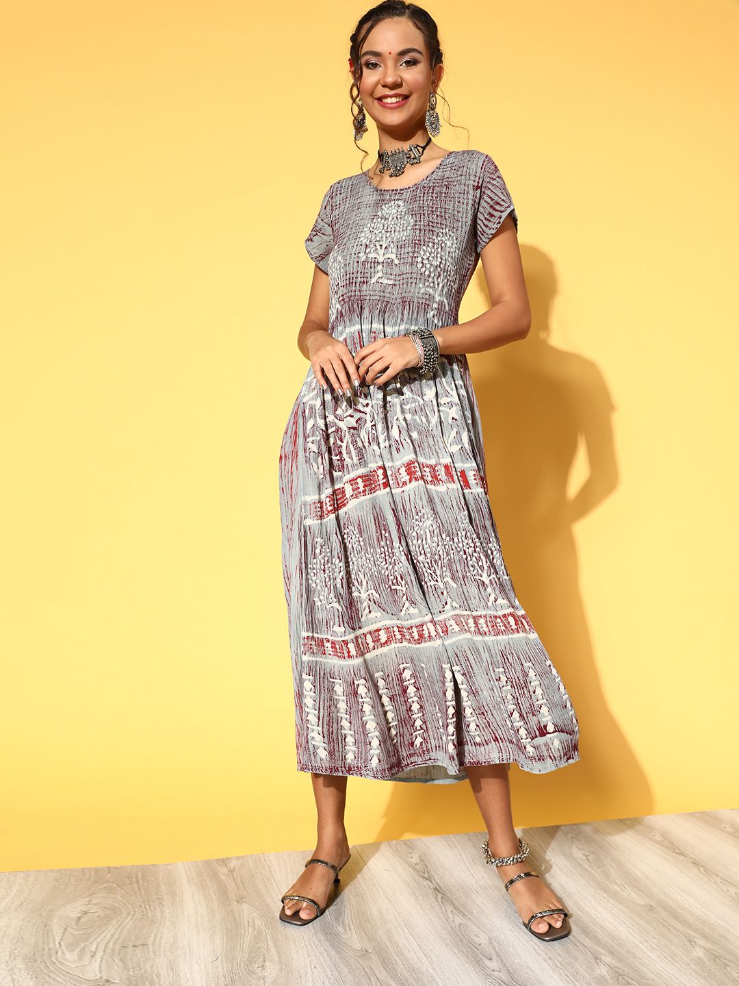 ZOLA Grey Ethnic Motifs Dyed Ethnic A-Line Maxi Dress Price in India