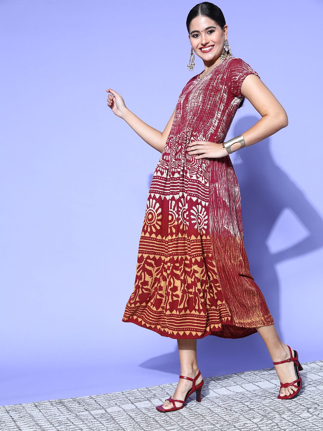 ZOLA Burgundy Ethnic Motifs Dyed Ethnic A-Line Maxi Dress Price in India