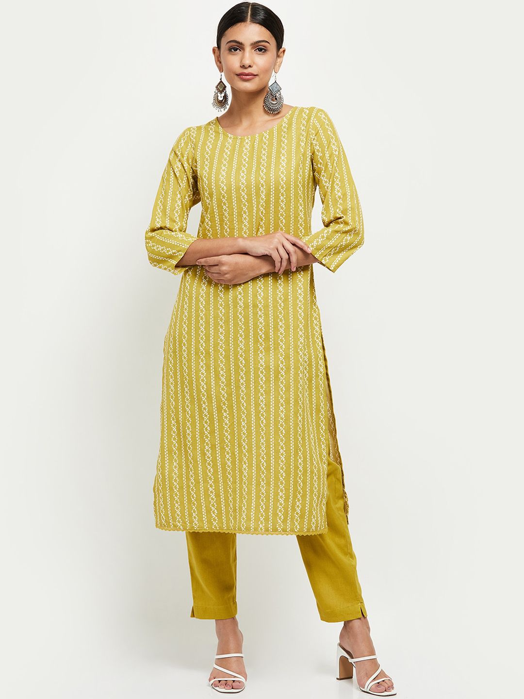 max Women Yellow Striped Pure Cotton Kurta with Trousers Price in India