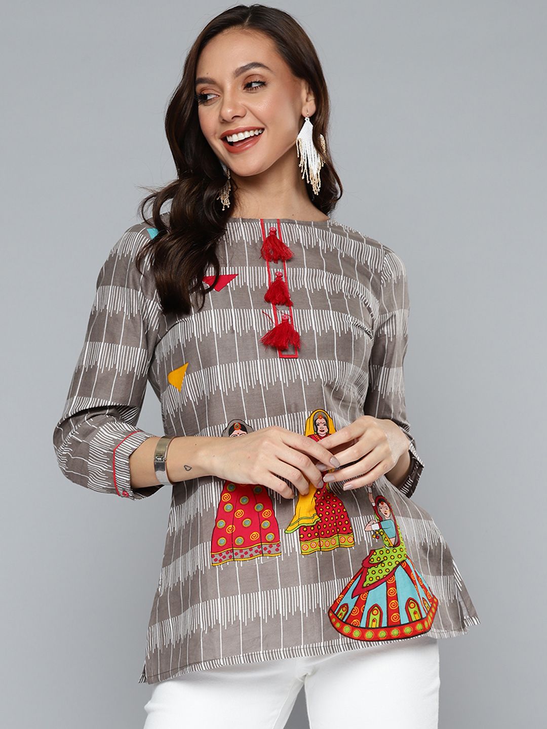 HERE&NOW Women Taupe & White Conversational Printed Kurtis with Tassel Detail Price in India