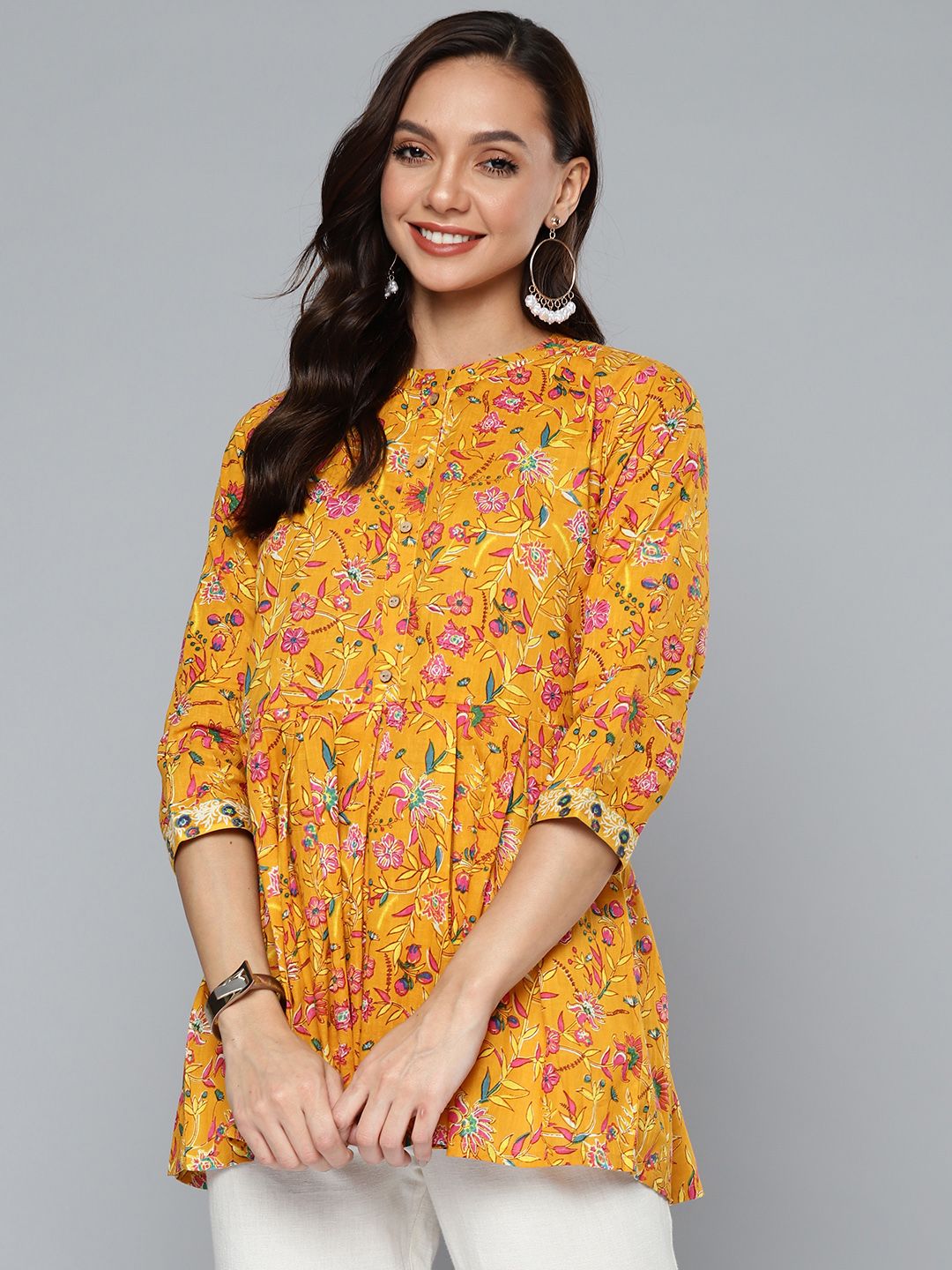 HERE&NOW Mustard Yellow & Pink Ethnic Motifs Printed Shirt Collar Pure Cotton Kurti Price in India