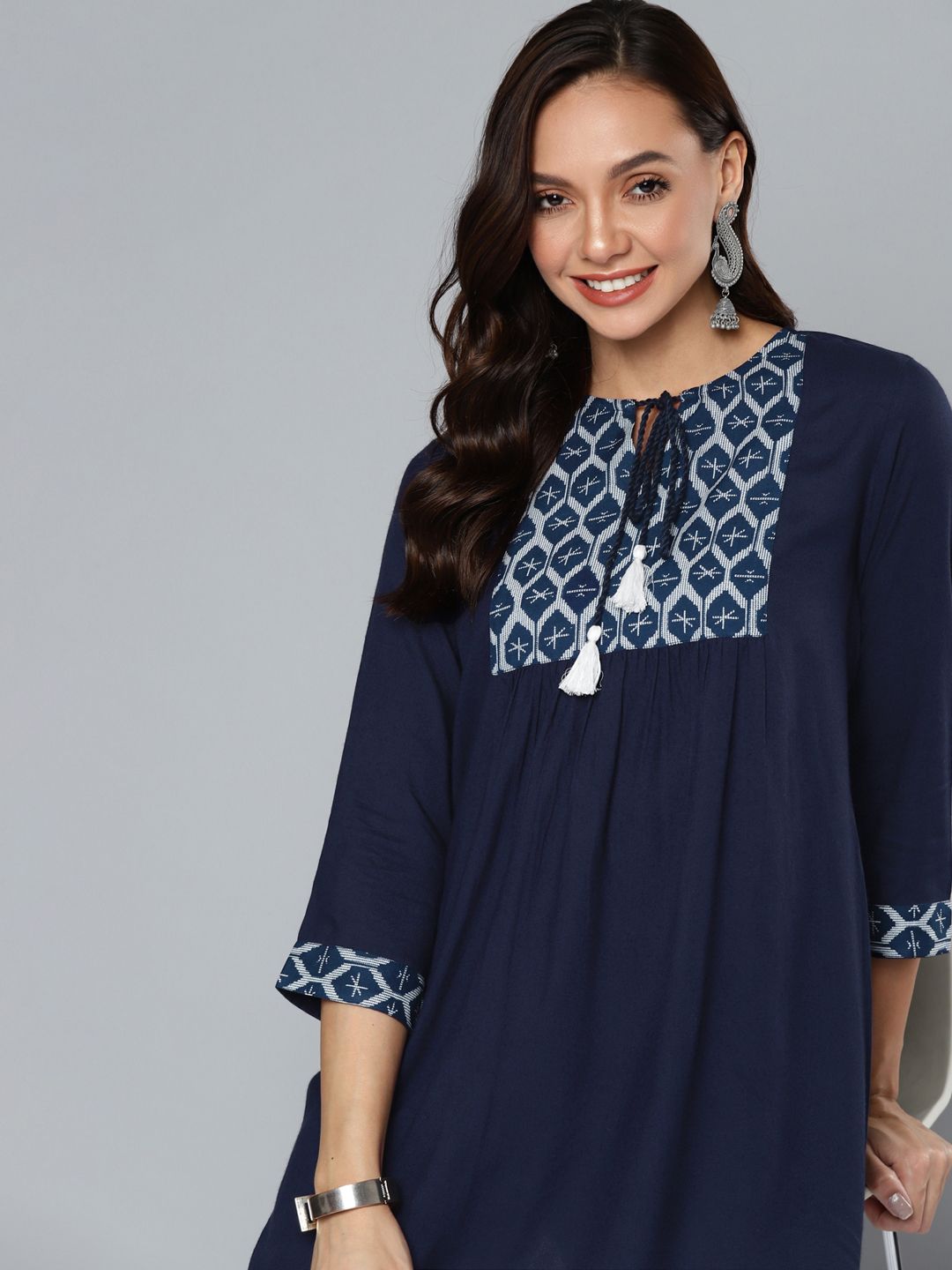 HERE&NOW Navy Blue Ethnic Motifs Woven Design Kurti Price in India
