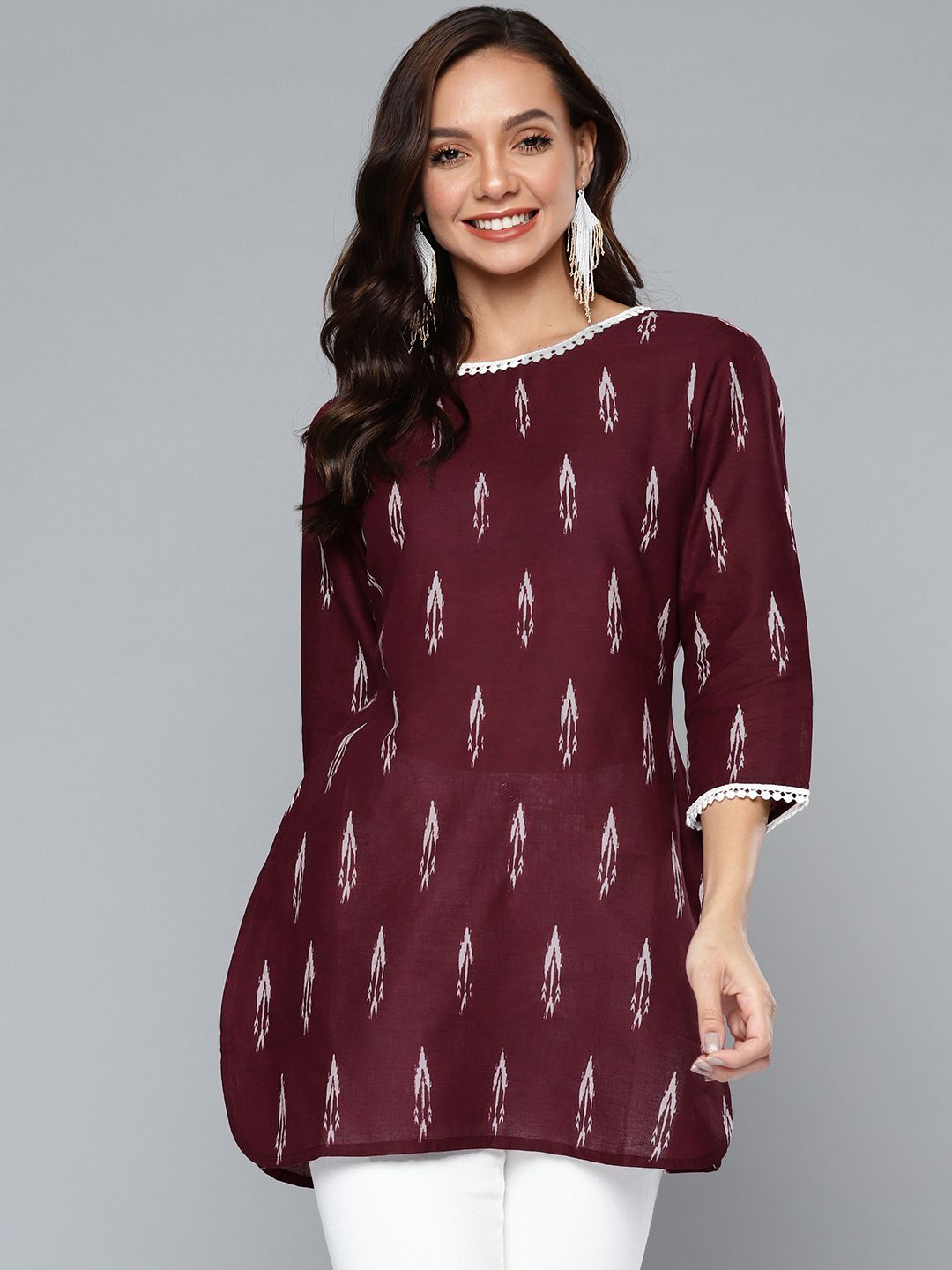 HERE&NOW Burgundy & White Printed Pure Cotton Kurti