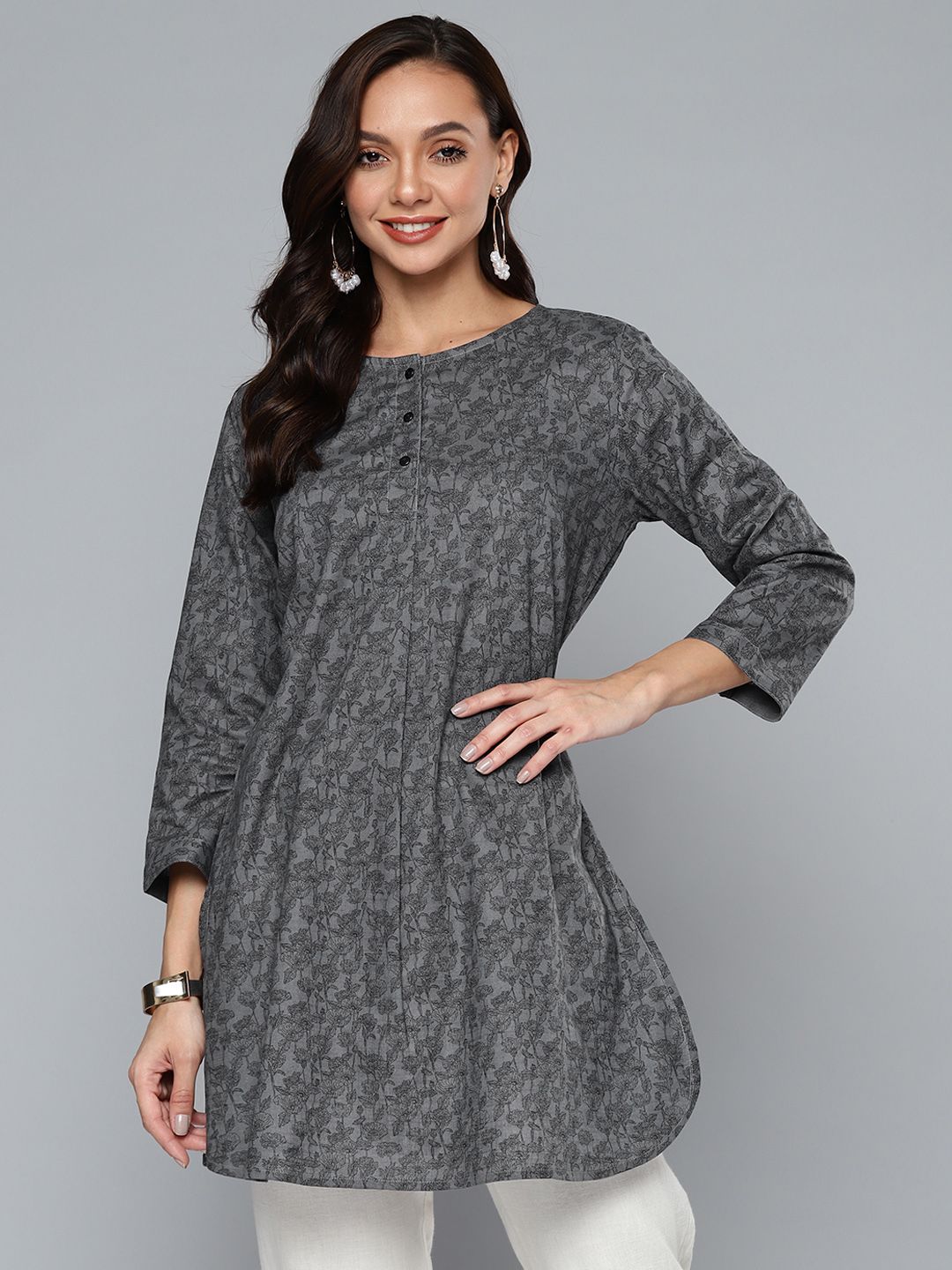HERE&NOW Grey & Black Ethnic Motifs Printed Pure Cotton Kurti