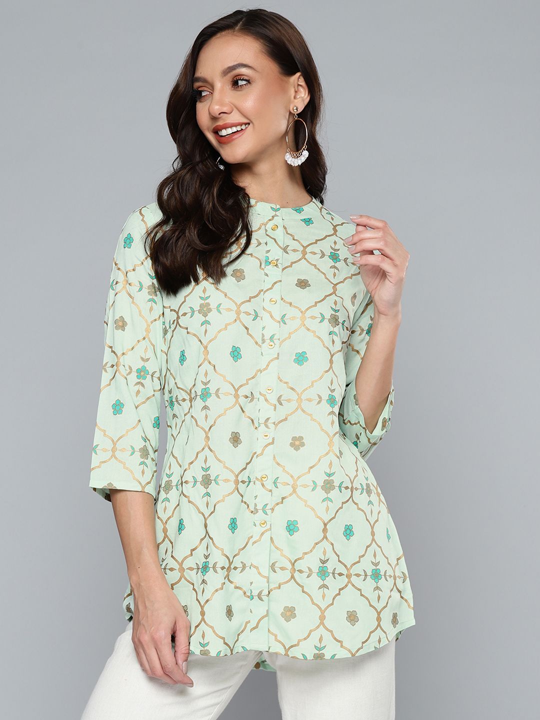 HERE&NOW Lime Green & Golden Ethnic Motifs Printed Kurti Price in India