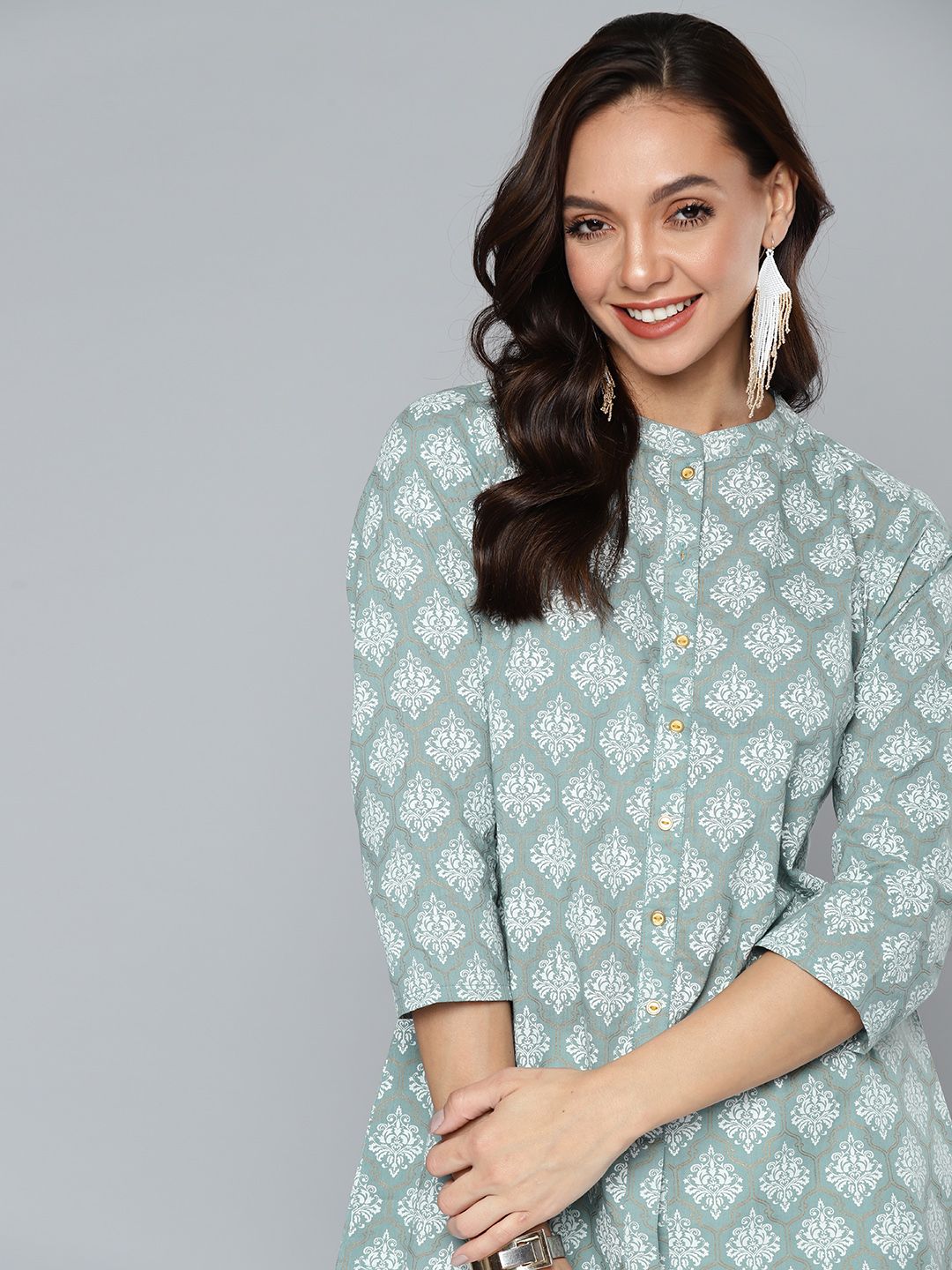 HERE&NOW Blue & White Ethnic Motifs Printed Pure Cotton Kurti Price in India