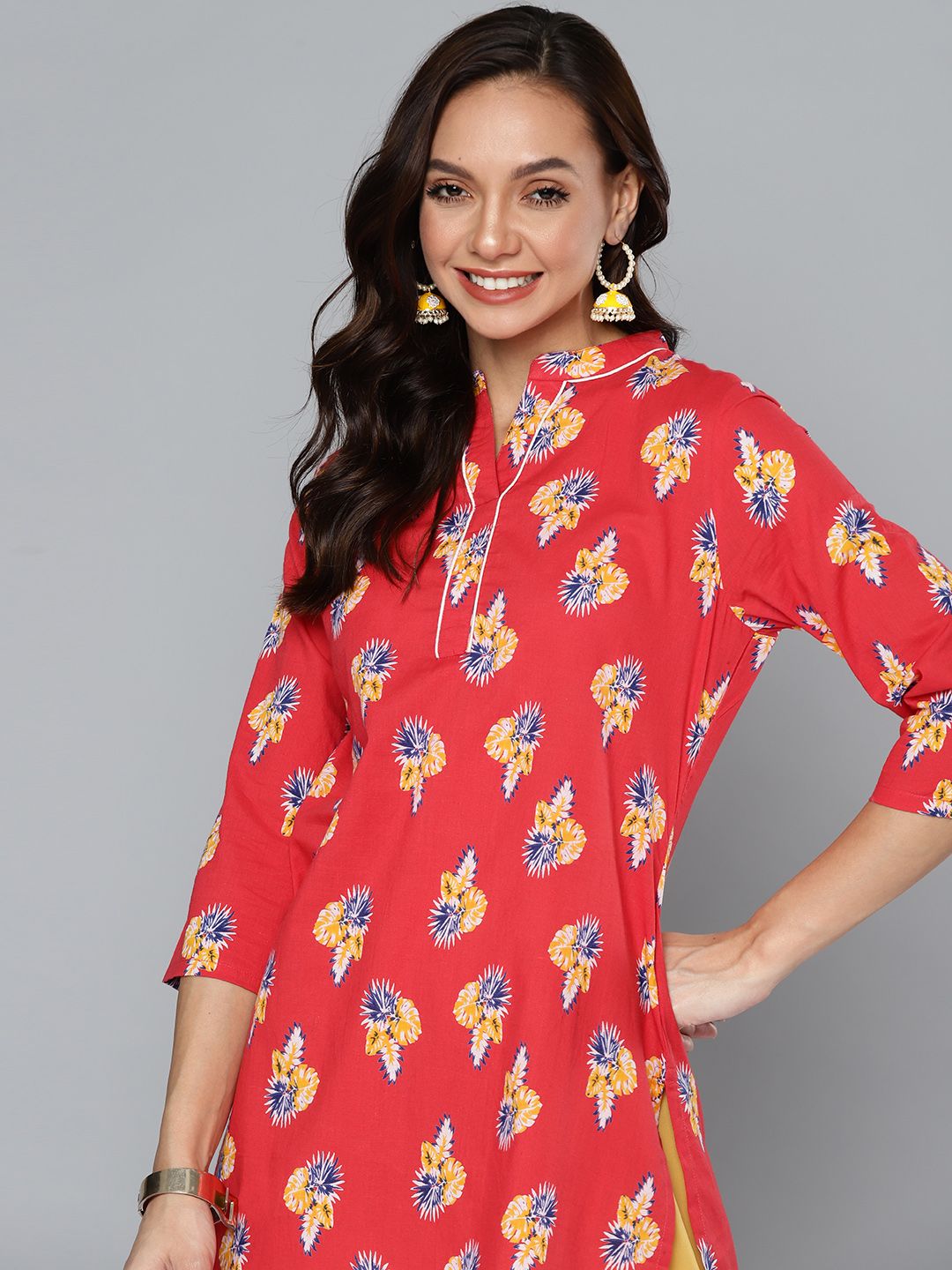 HERE&NOW Red & Blue Ethnic Motifs Printed Pure Cotton Kurti Price in India
