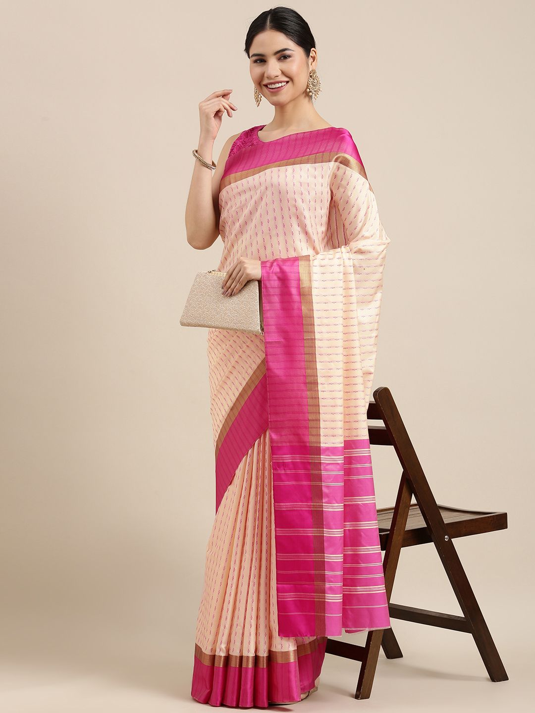 Mitera Off White & Pink Woven Design Banarasi Saree Price in India