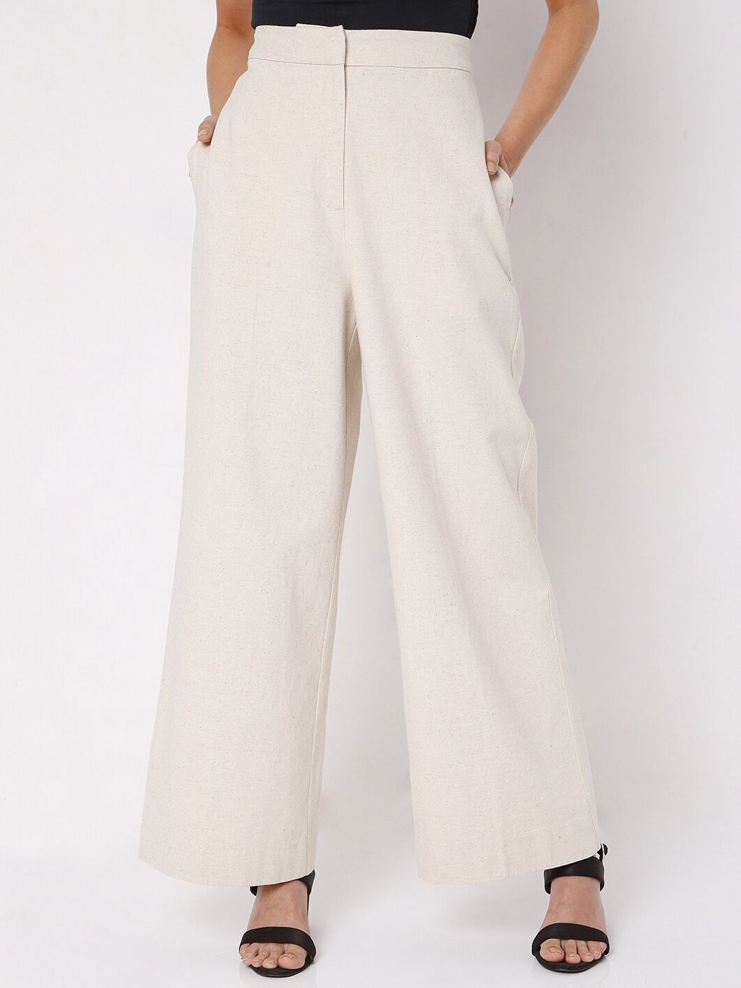 Vero Moda Women Beige Flared High-Rise Pleated Trousers Price in India