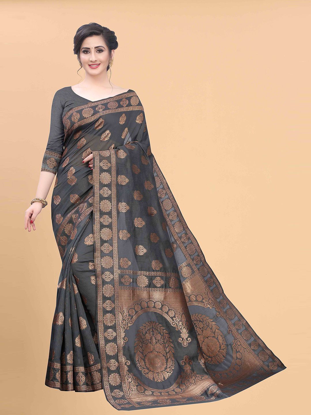 Silk Land Grey & Gold-Toned Woven Design Zari Pure Cotton Saree