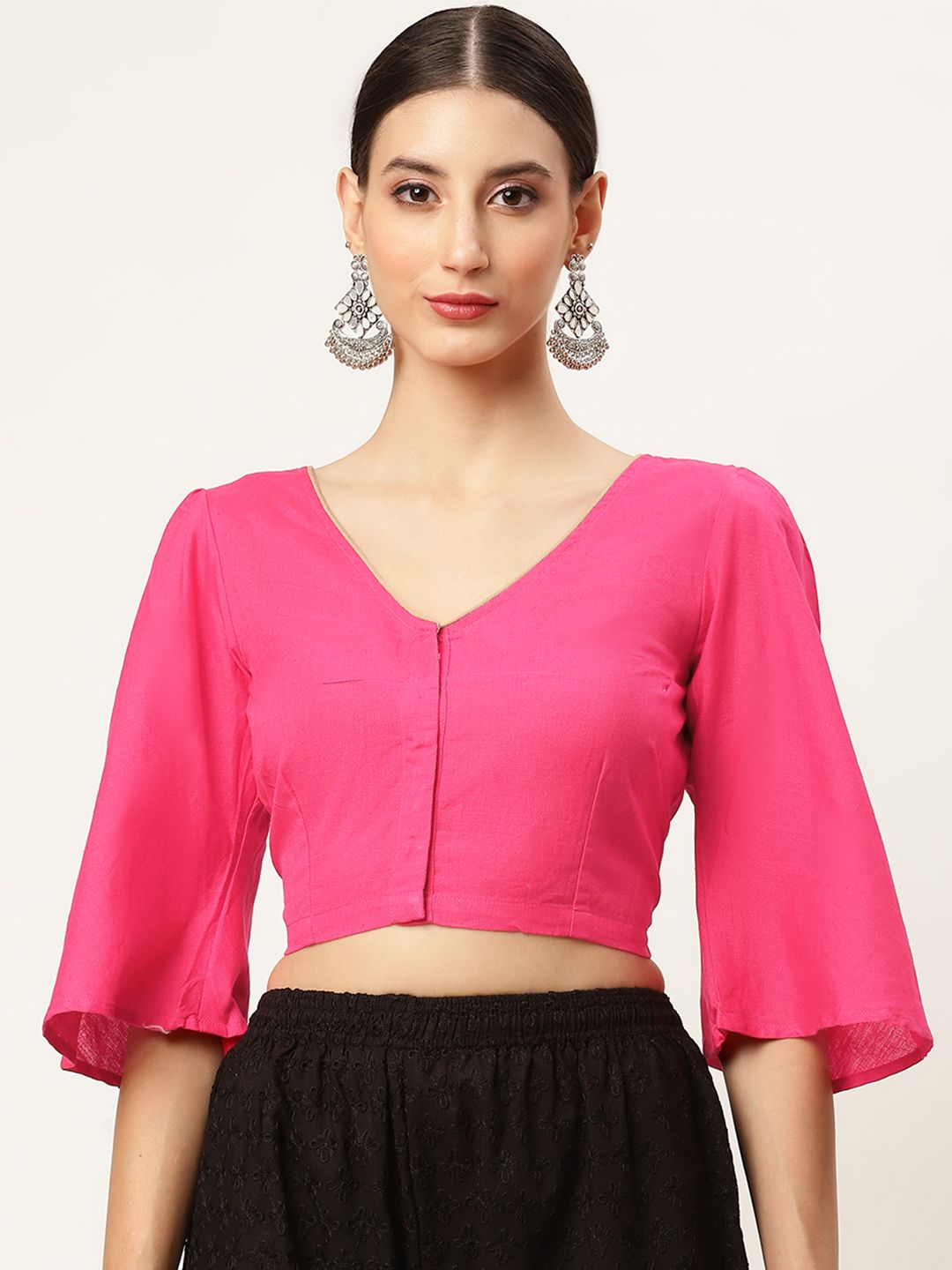 Molcha Pink Solid Padded Saree Blouse with Bell Sleeves Price in India