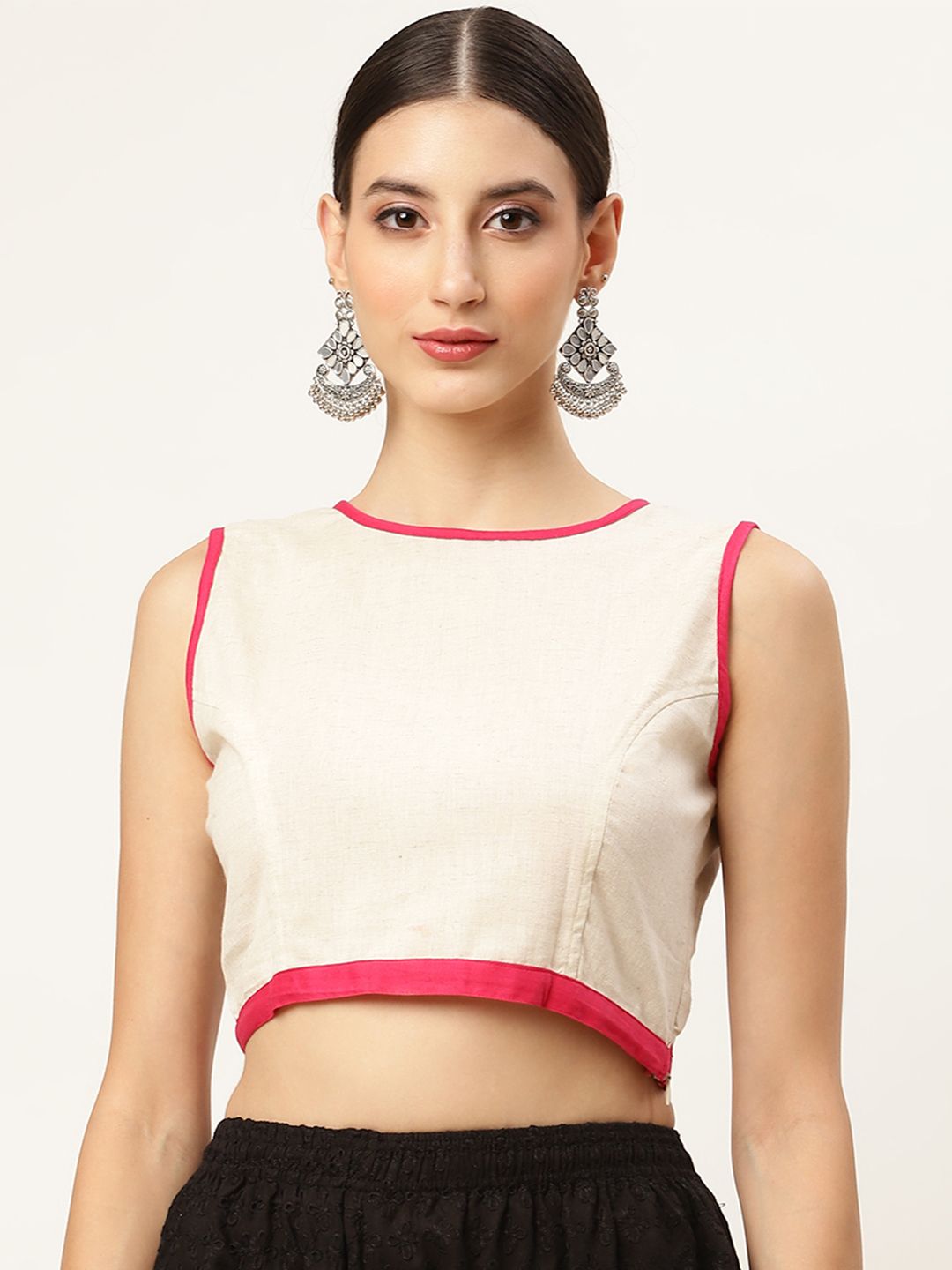 Molcha Women White & Pink Cotton Saree Blouse Price in India