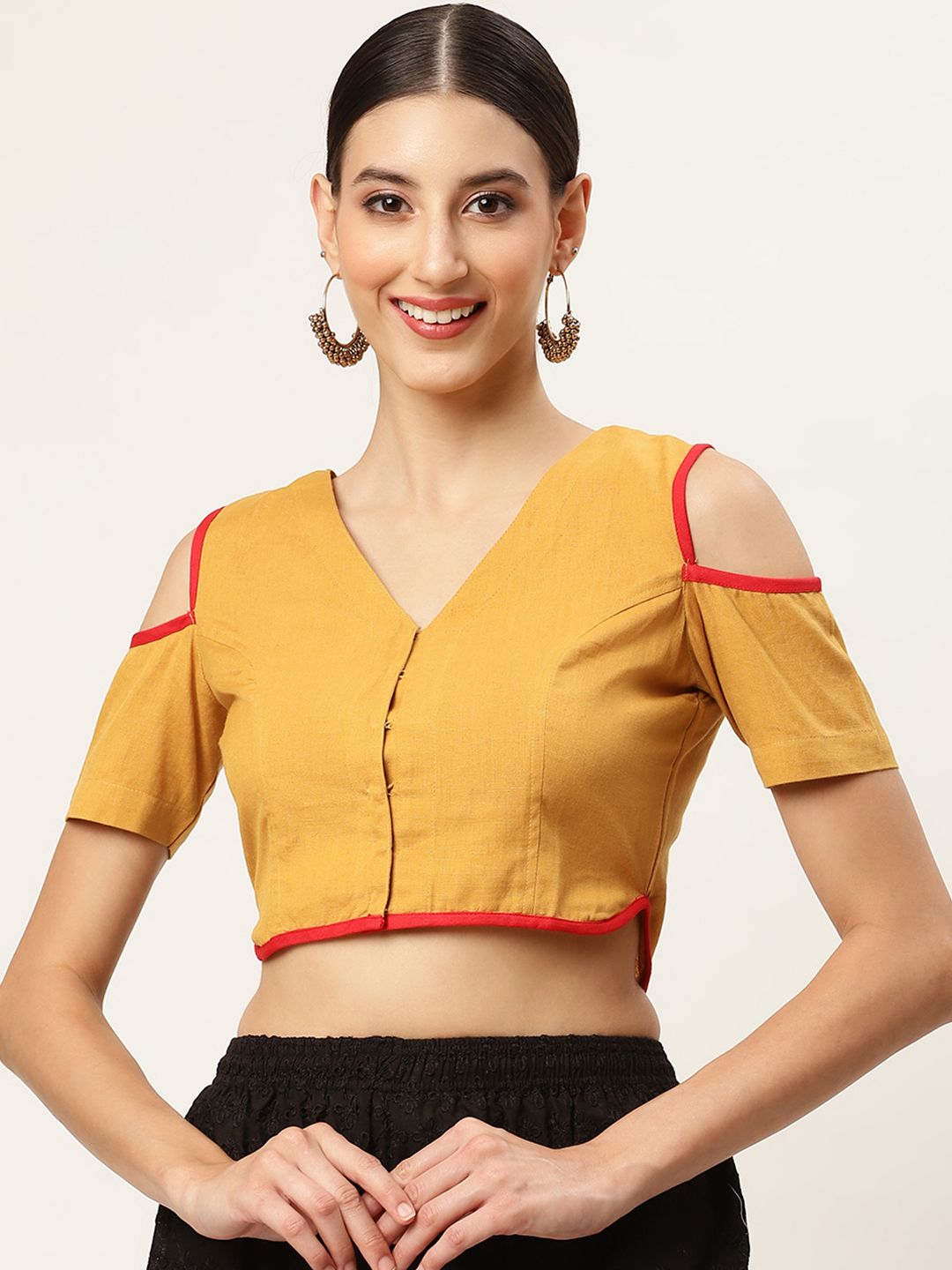 Molcha Mustard Yellow Solid Padded Saree Blouse Price in India