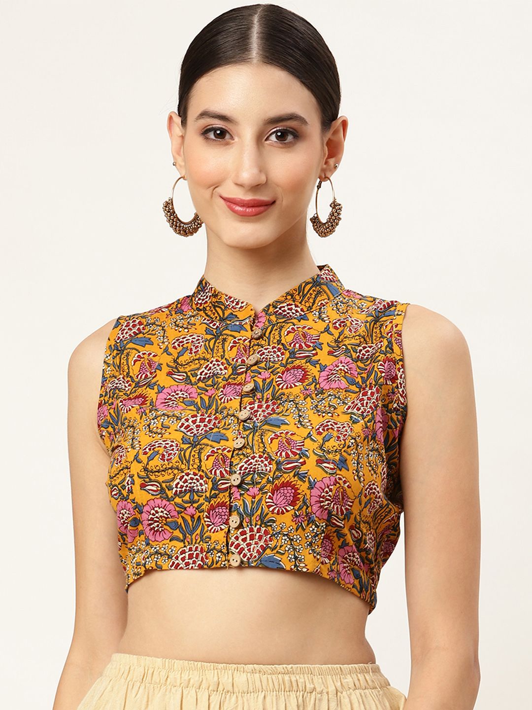 Molcha Women Mustard Yellow and Pink Printed Cotton Saree Blouse Price in India