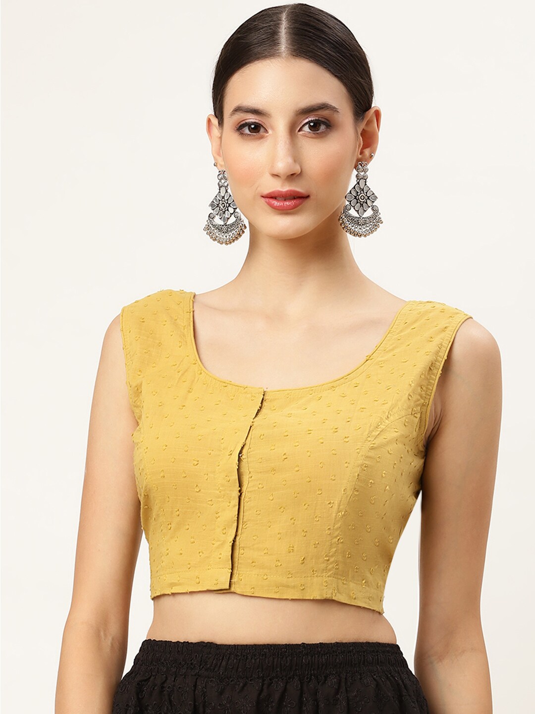 Molcha Women Mustard Yellow Cotton Saree Blouse with Dobby Weave Price in India