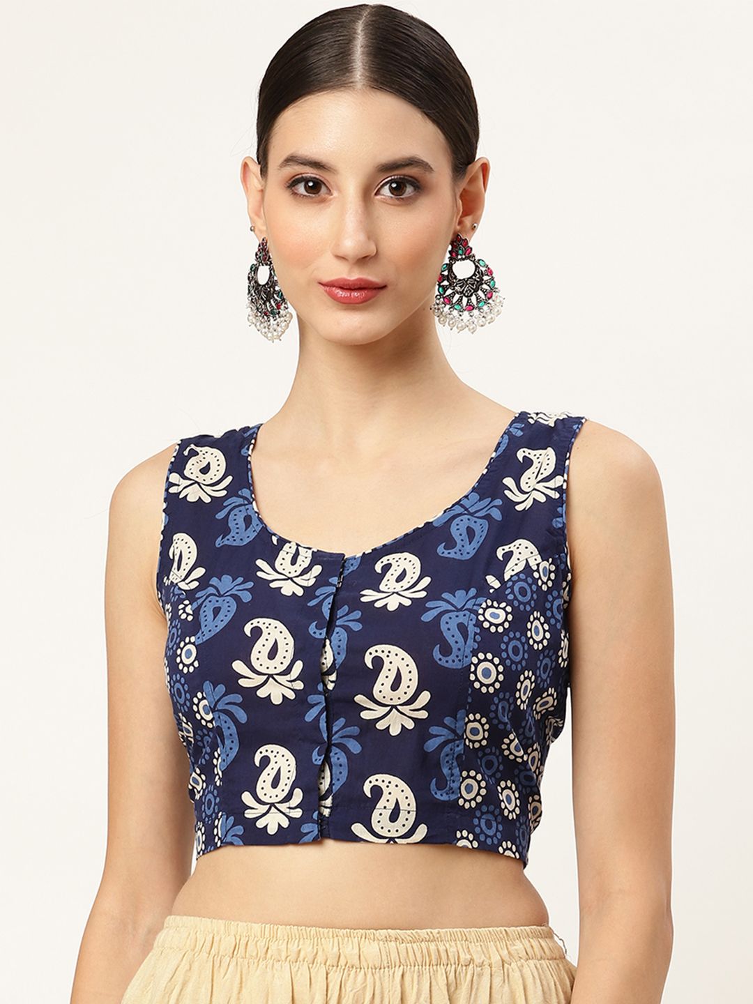 Molcha Navy Blue & Beige Ethnic Motif Printed Saree Blouse Price in India