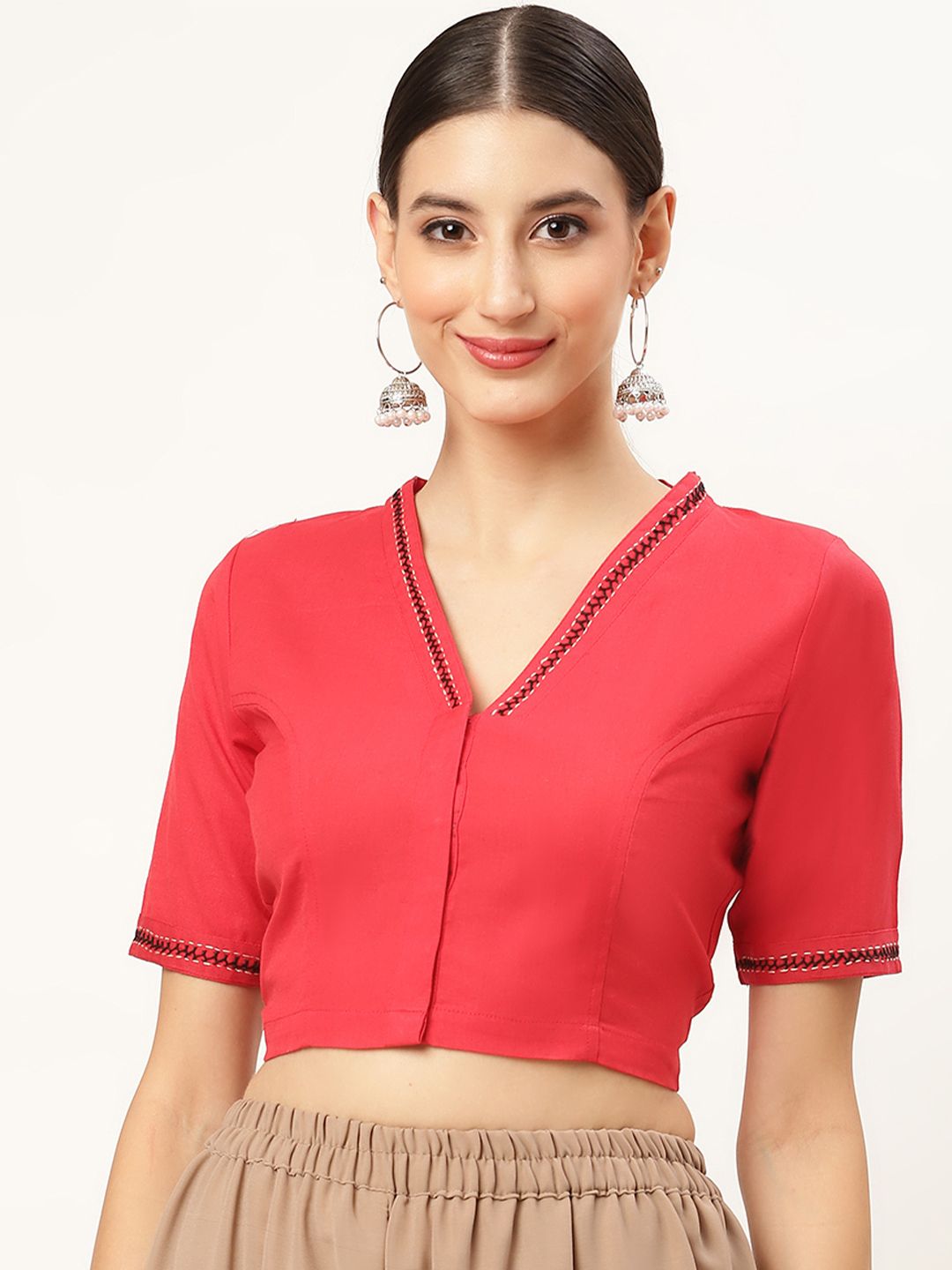 Molcha Women Red Solid Cotton Saree Blouse Price in India