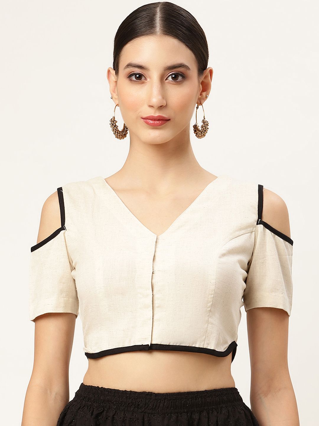 Molcha Women White Solid Cotton Saree Blouse with Cold-Shoulder Sleeves Price in India