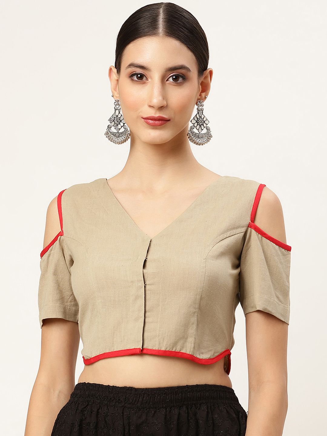 Molcha Women Beige Solid Cotton Saree Blouse with Cold-Shoulder Sleeves Price in India