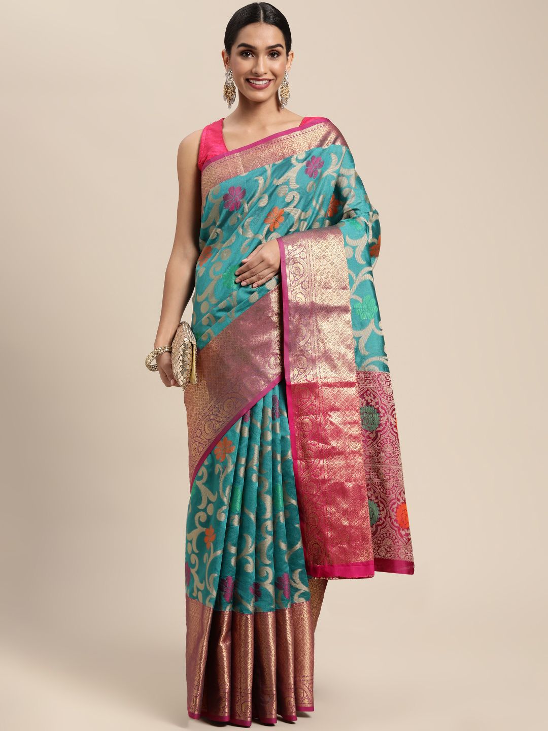 Mitera Sea Green & Golden Ethnic Motifs Zari Silk Blend Kanjeevaram Saree Price in India