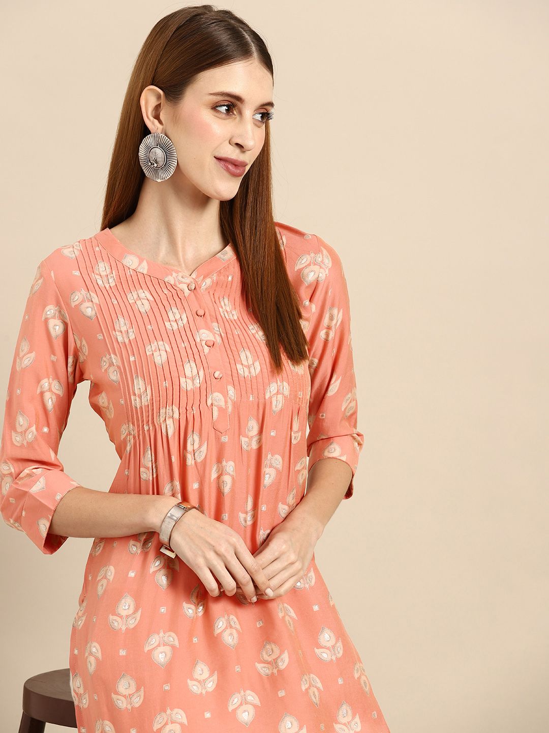 Anouk Women Peach-Coloured & Off White Floral Print Pure Cotton Floral Kurta Price in India