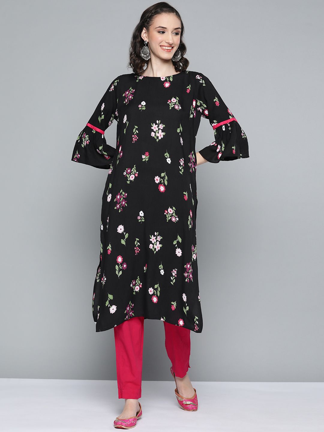 HERE&NOW Women Black & Pink Floral Printed Flared Sleeves Kurta Price in India