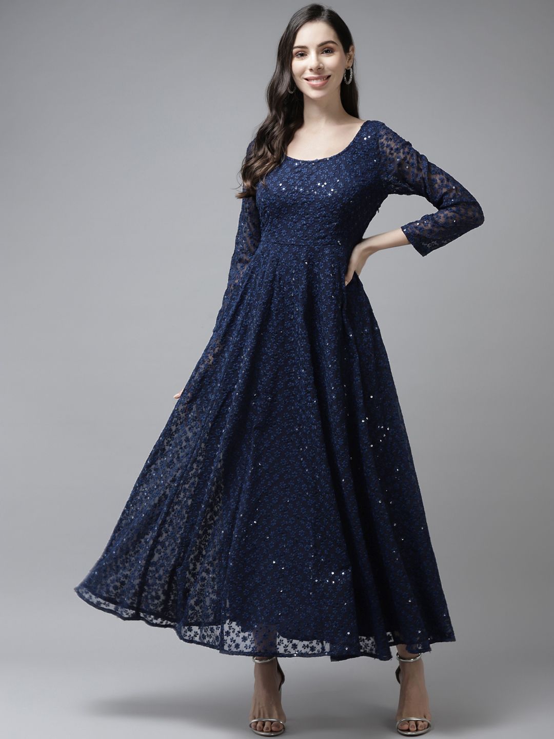 PANIT Women Navy Blue Ethnic Motifs Embroidered Ethnic Maxi Dress Price in India