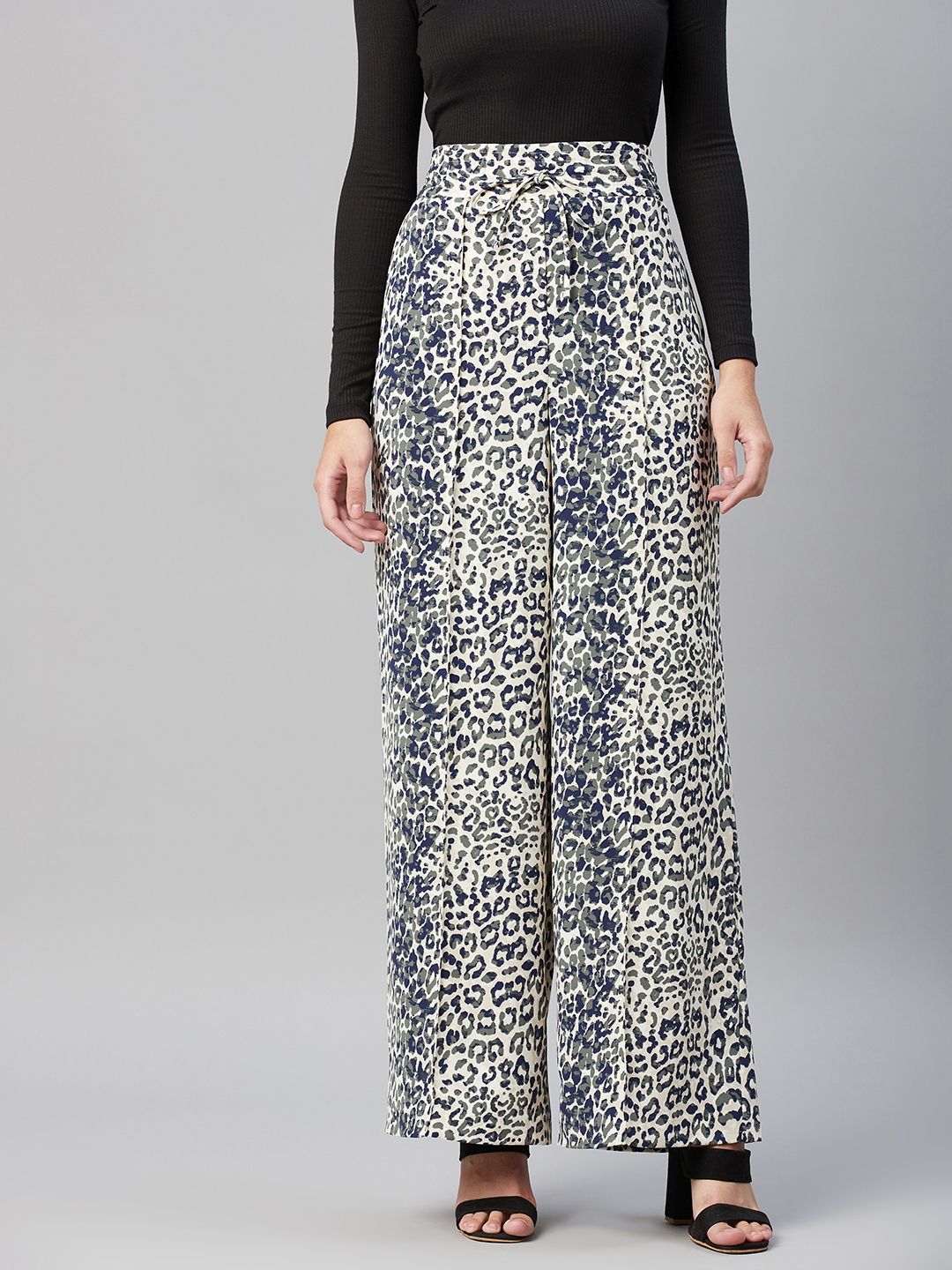 Marks & Spencer Women Cream-Coloured & Blue Animal Printed Wide Leg High-Rise Trousers Price in India