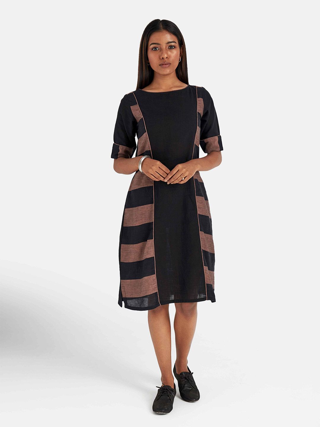 Suta Women Black & Brown Striped Cotton Dress Price in India