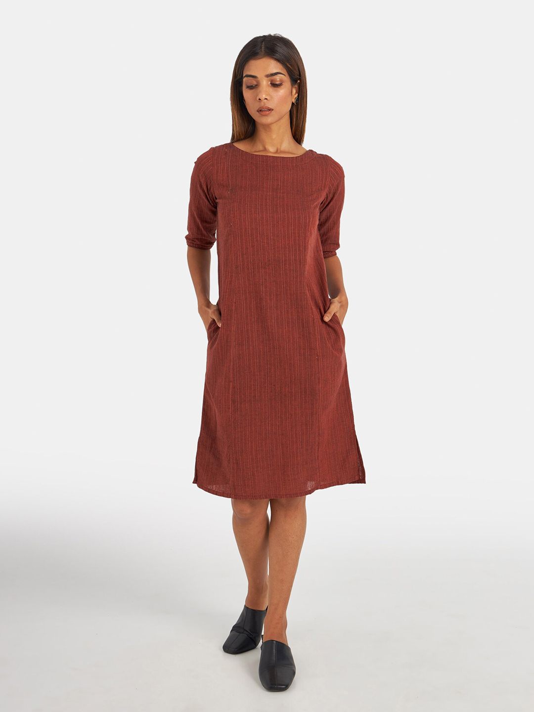 Suta Women Maroon Striped Fit and Flare MidiDress Price in India