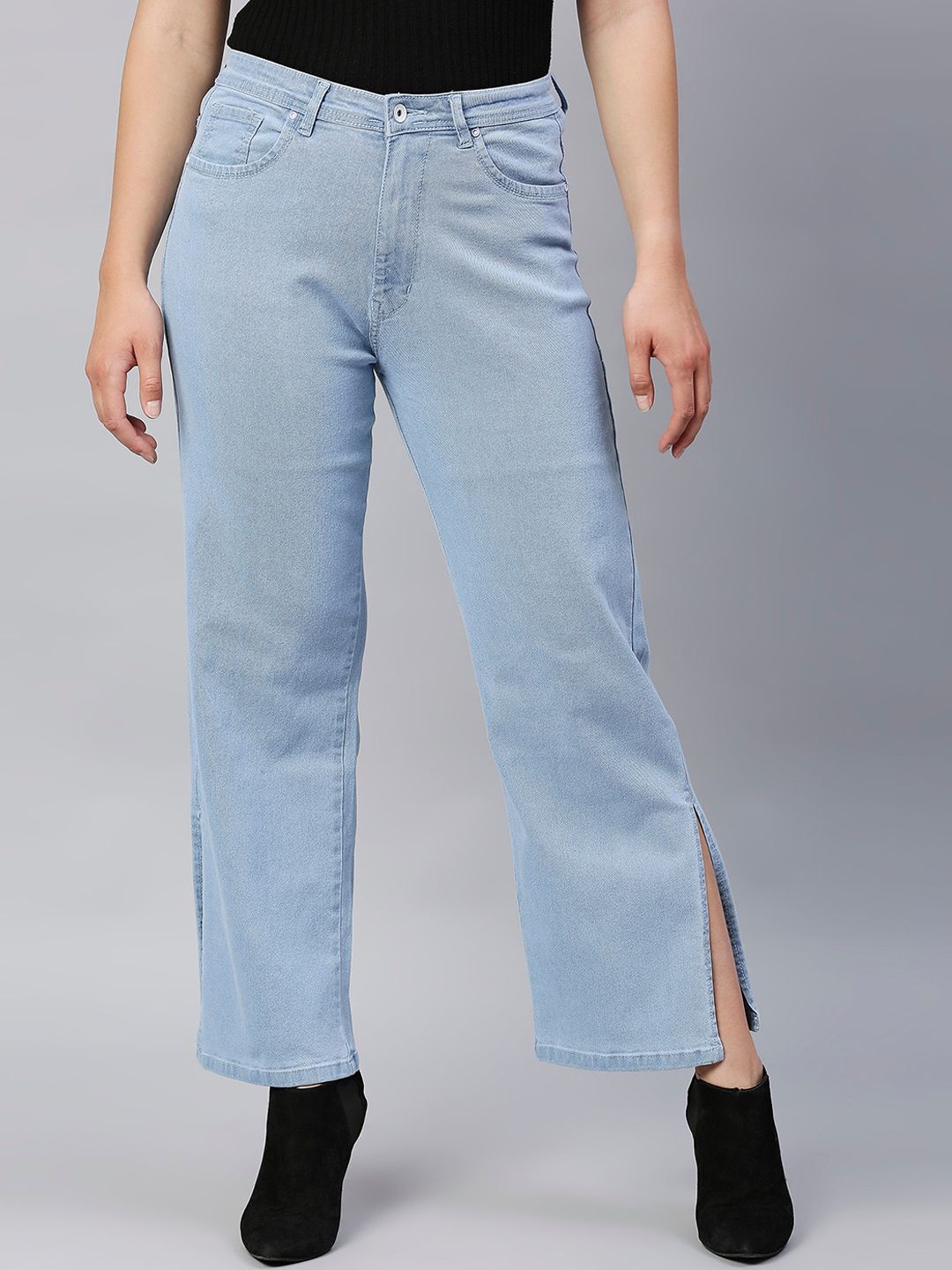 High Star Women Blue Straight Fit High-Rise Cropped Jeans with slits Price in India