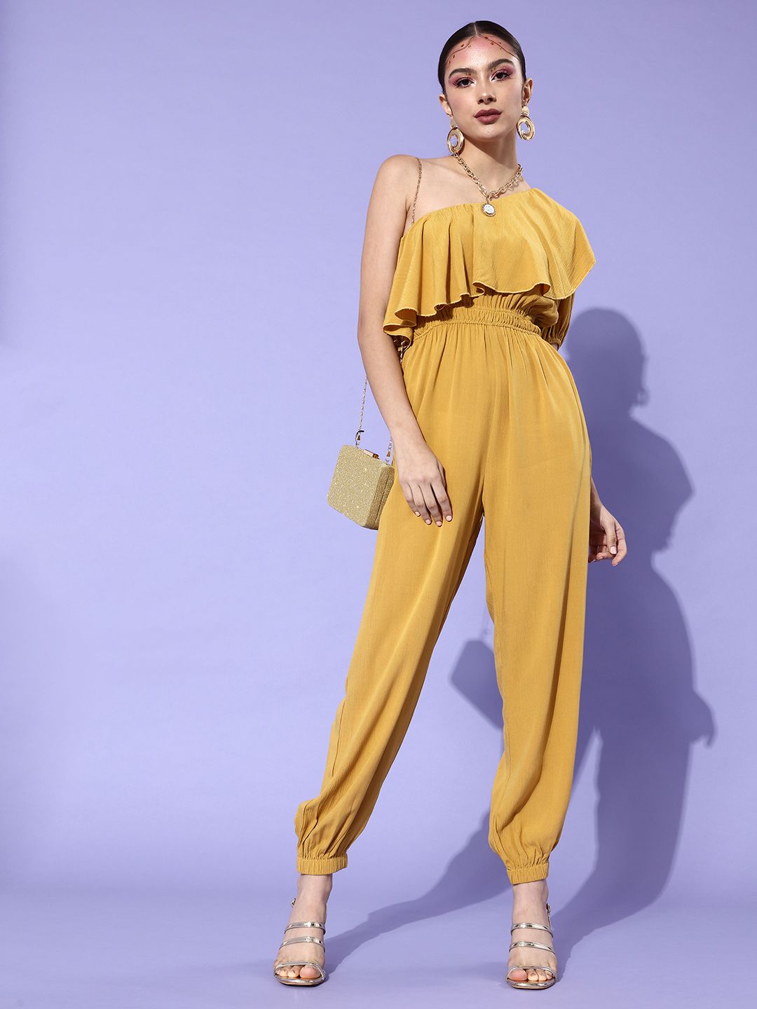 KASSUALLY Mustard Yellow One-Shoulder Basic Jumpsuit Price in India