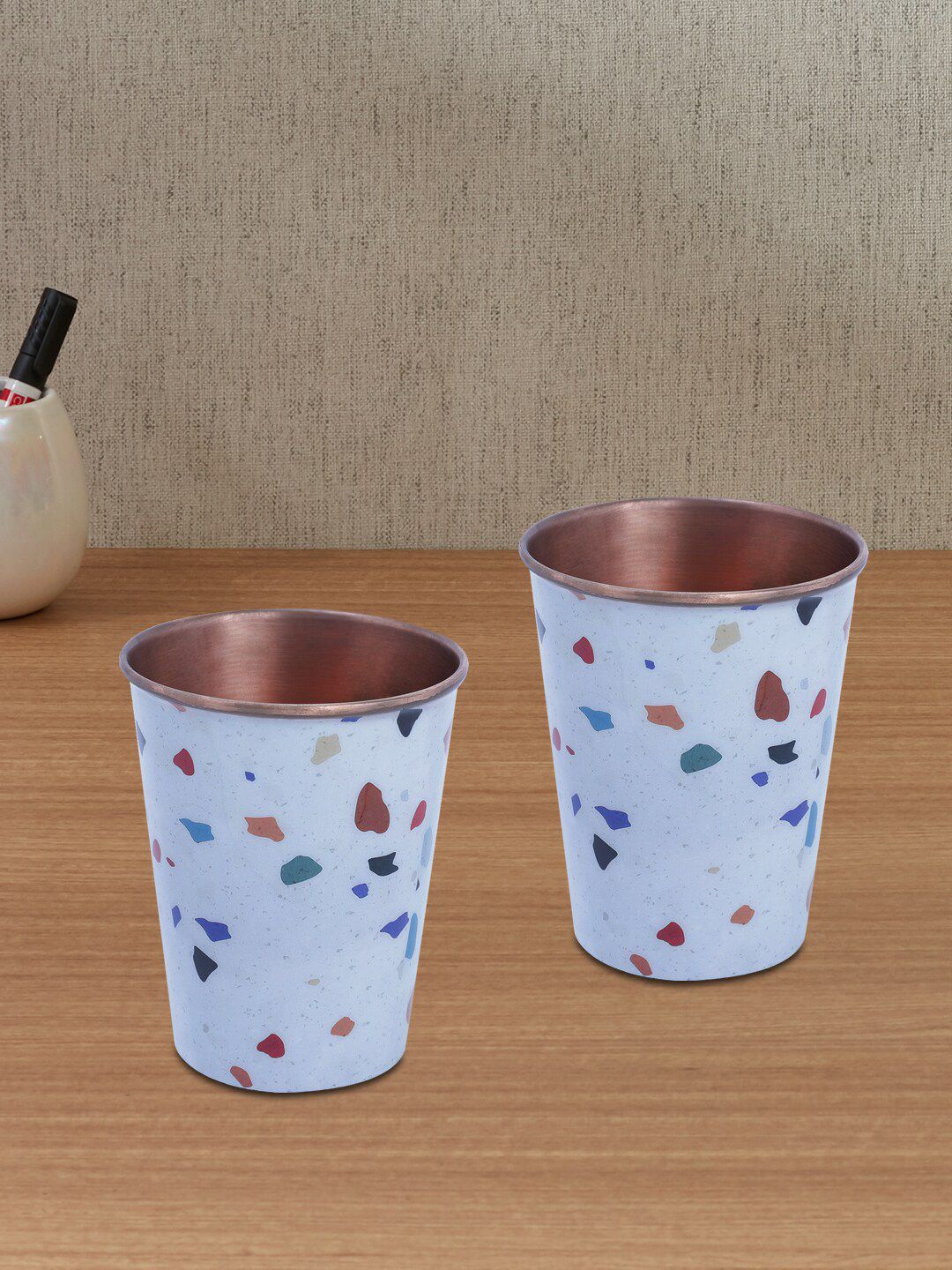 HomeTown Set of 2 Copper & White Printed Terrazzo Glass Price in India