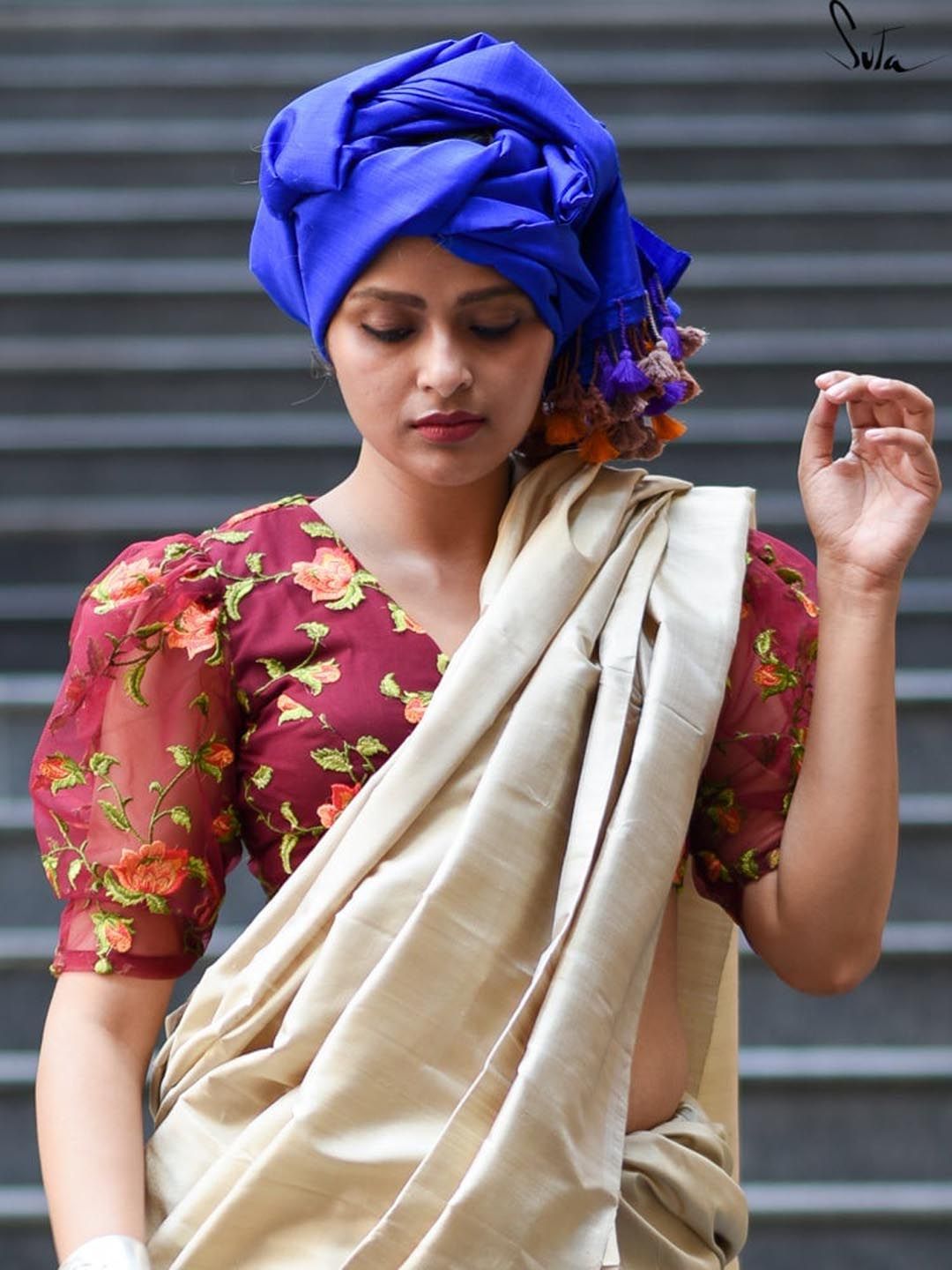 Suta Maroon & Yellow Embroidered Silk Saree Blouse Price in India