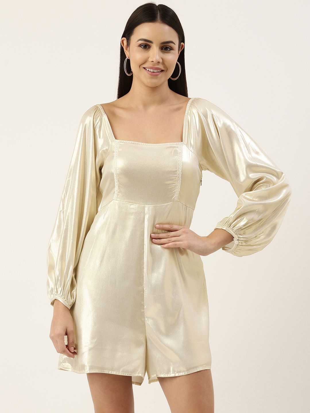 FOREVER 21 Women Beige Solid Satin Long Sleeves Basic Jumpsuit Price in India